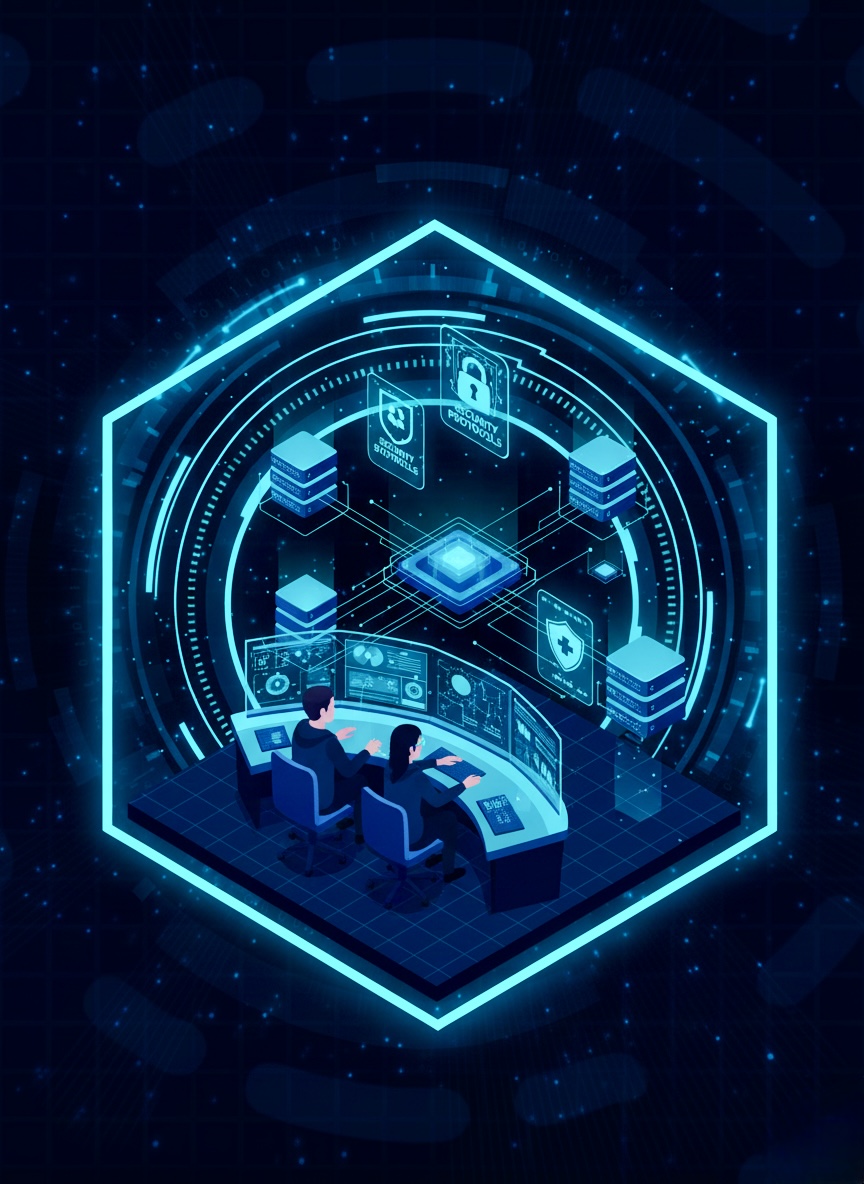 Illustrazione 3D isometrica di un laboratorio di ricerca e sviluppo di cybersecurity, con server e interfacce dati complesse illuminate da luci viola e ciano.